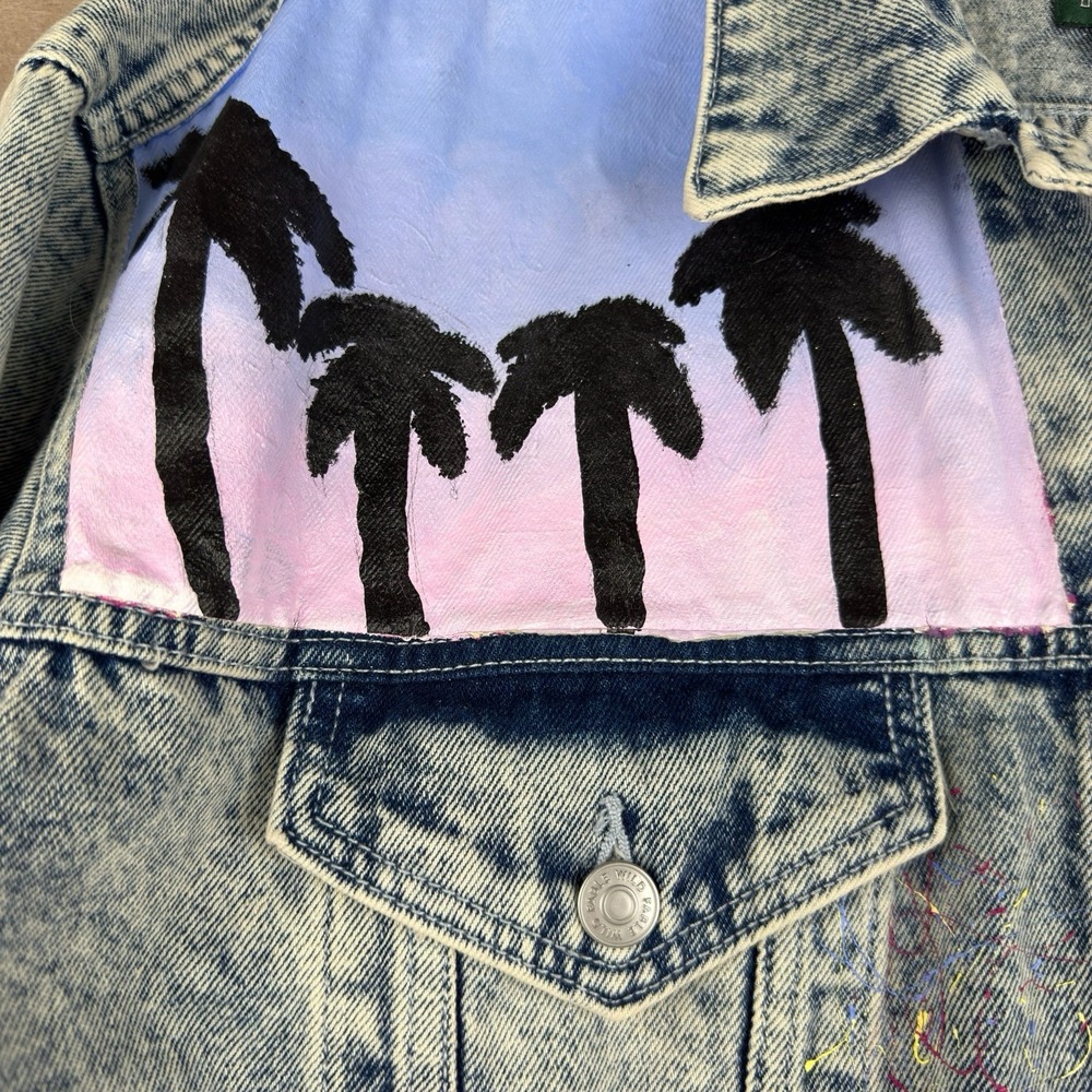 Wild Fable Denim Jacket Women L Acid Wash Palm Tree‎ Floral Painted Retro Art - Picture 7 of 16